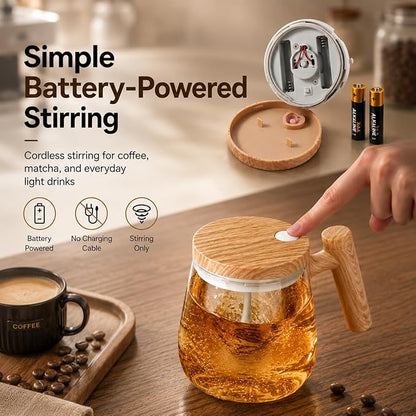 Self Stirring Coffee Mug, 13.5 oz / 400 ml Borosilicate Glass Mixing Cup | For Coffee, Matcha & Milk; Quiet Desk Mug with Battery Operated Stirring, Wood-Grain Look Handle, Champagne Glow