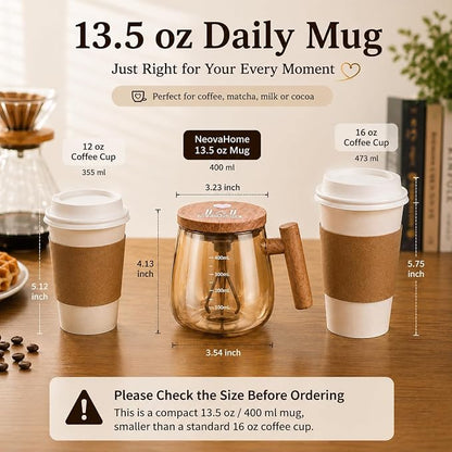 Self Stirring Coffee Mug, 13.5 oz / 400 ml Borosilicate Glass Mixing Cup | For Coffee, Matcha & Milk; Quiet Desk Mug with Battery Operated Stirring, Wood-Grain Look Handle, Champagne Glow