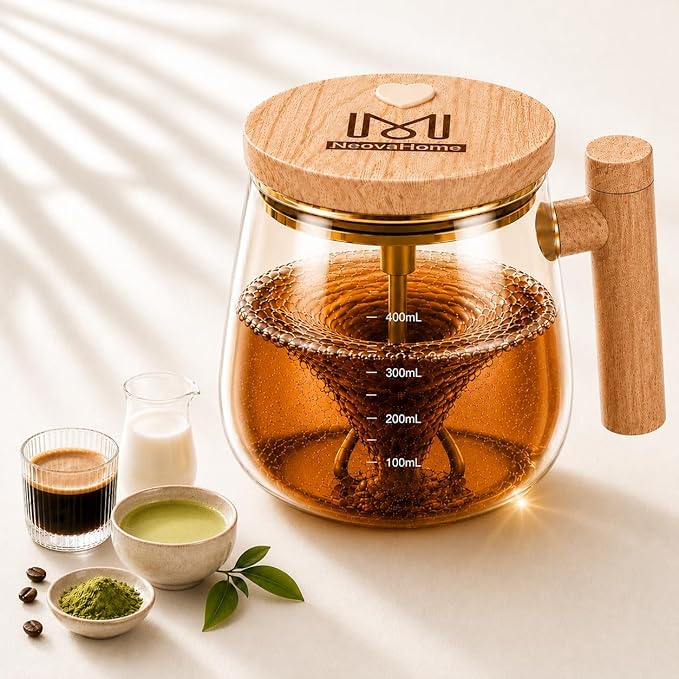 Self Stirring Coffee Mug, 13.5 oz / 400 ml Borosilicate Glass Mixing Cup | For Coffee, Matcha & Milk; Quiet Desk Mug with Battery Operated Stirring, Wood-Grain Look Handle, Champagne Glow