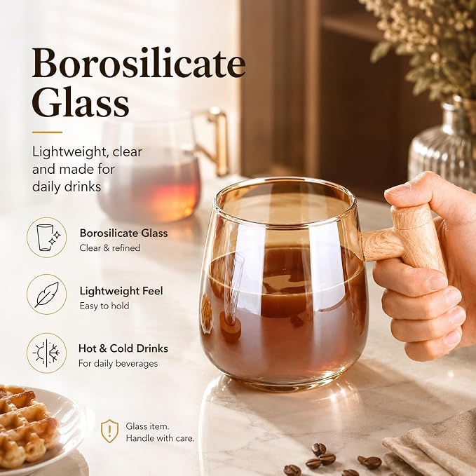 Self Stirring Coffee Mug, 13.5 oz / 400 ml Borosilicate Glass Mixing Cup | For Coffee, Matcha & Milk; Quiet Desk Mug with Battery Operated Stirring, Wood-Grain Look Handle, Champagne Glow