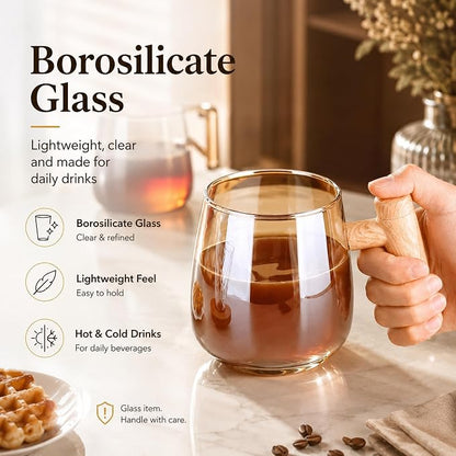 Self Stirring Coffee Mug, 13.5 oz / 400 ml Borosilicate Glass Mixing Cup | For Coffee, Matcha & Milk; Quiet Desk Mug with Battery Operated Stirring, Wood-Grain Look Handle, Champagne Glow