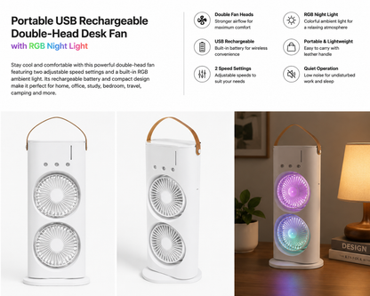 Double-Head Desk Fan with RGB Night Light
